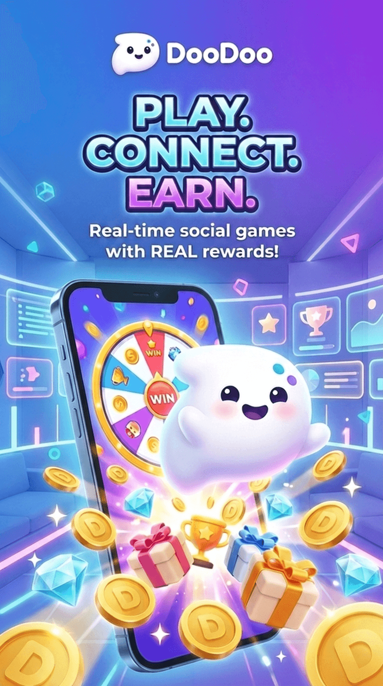 DooDoo promotional screen showing real-time social games with rewards.