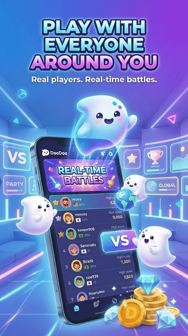 DooDoo promotional screen showing real-time battles with players around you.