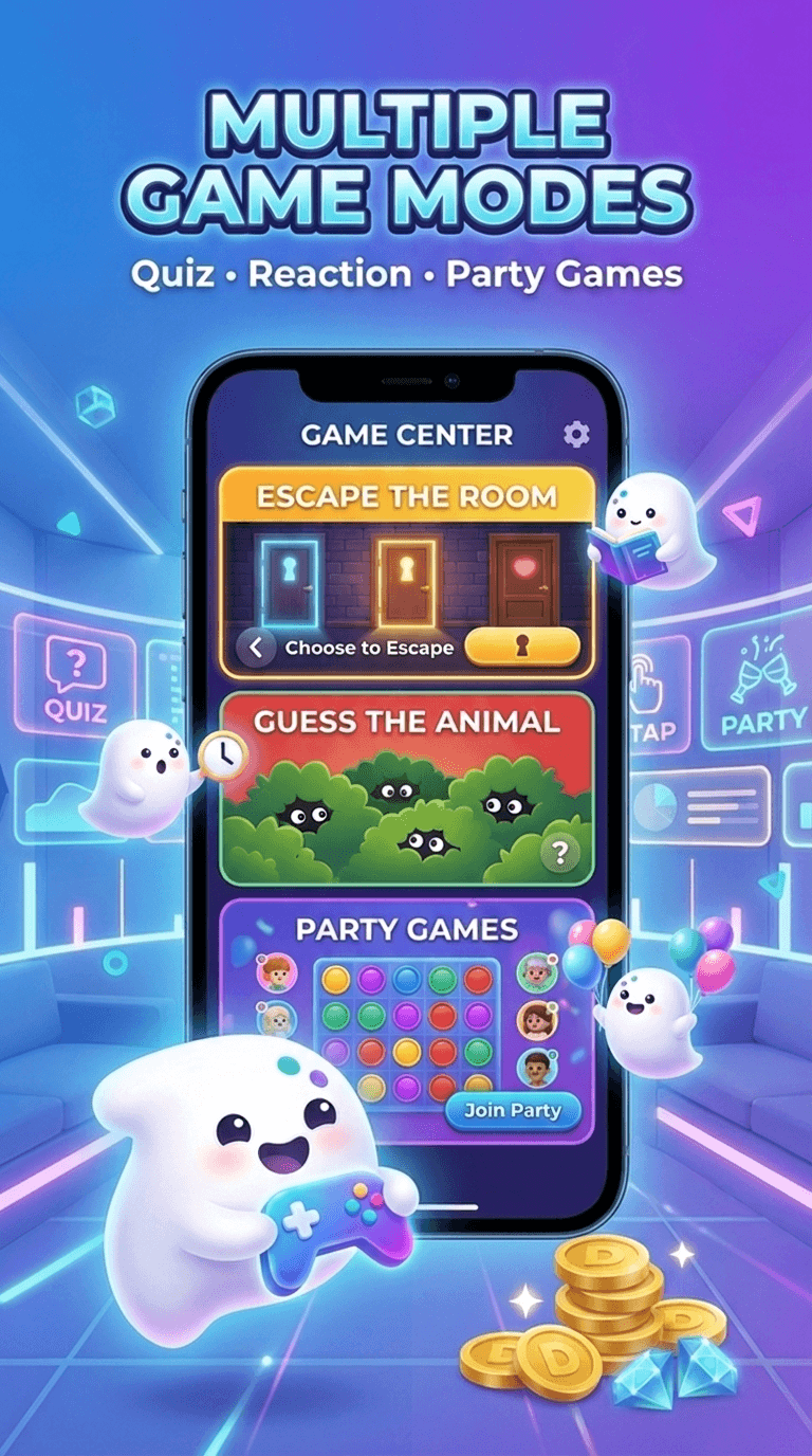 DooDoo promotional screen showing multiple game modes including quiz, reaction, and party games.
