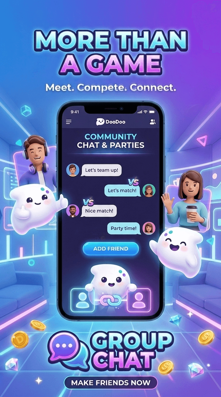 DooDoo promotional screen showing community chat and parties.