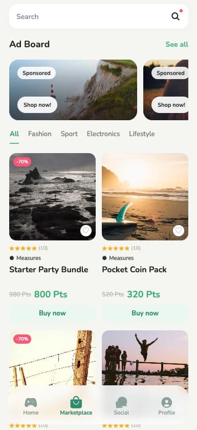 DooDoo marketplace screen with ad board and product listings.