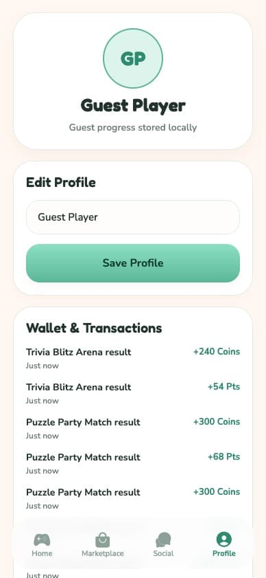 DooDoo guest profile screen with wallet and transactions.