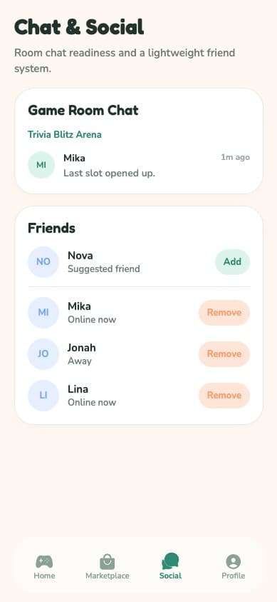 DooDoo social chat screen with game room chat and friends list.