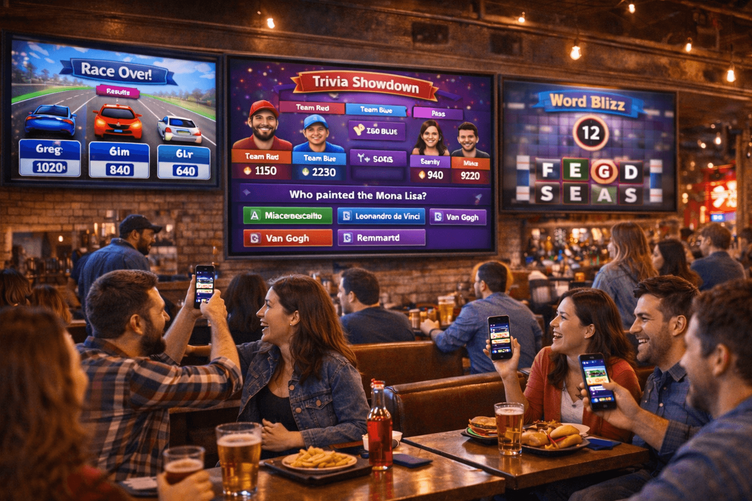 Friends joining a multiplayer game together across shared venue screens.