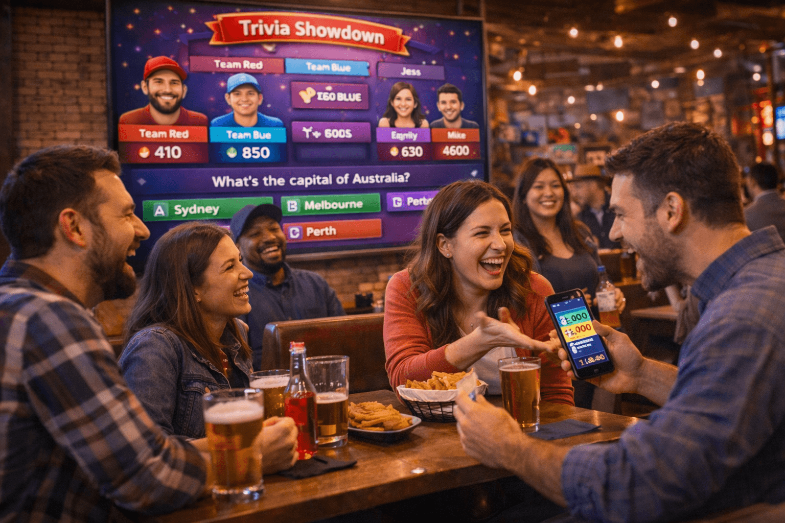 Friends laughing and playing together in a social venue setting.