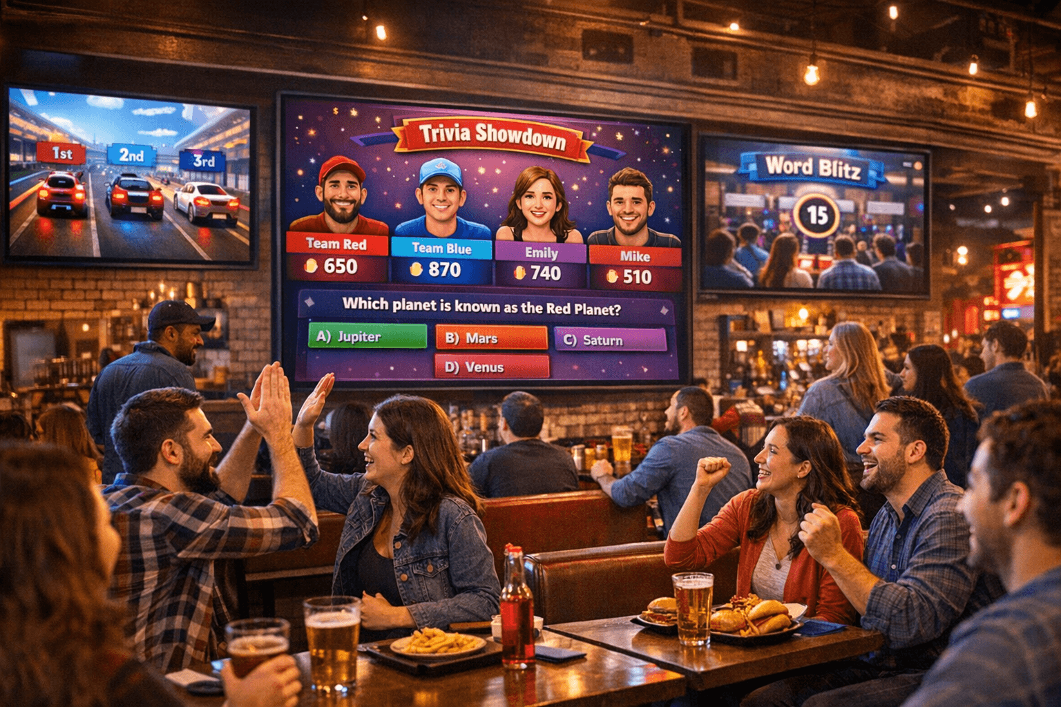 People playing venue-based games on shared screens in a real-world space.