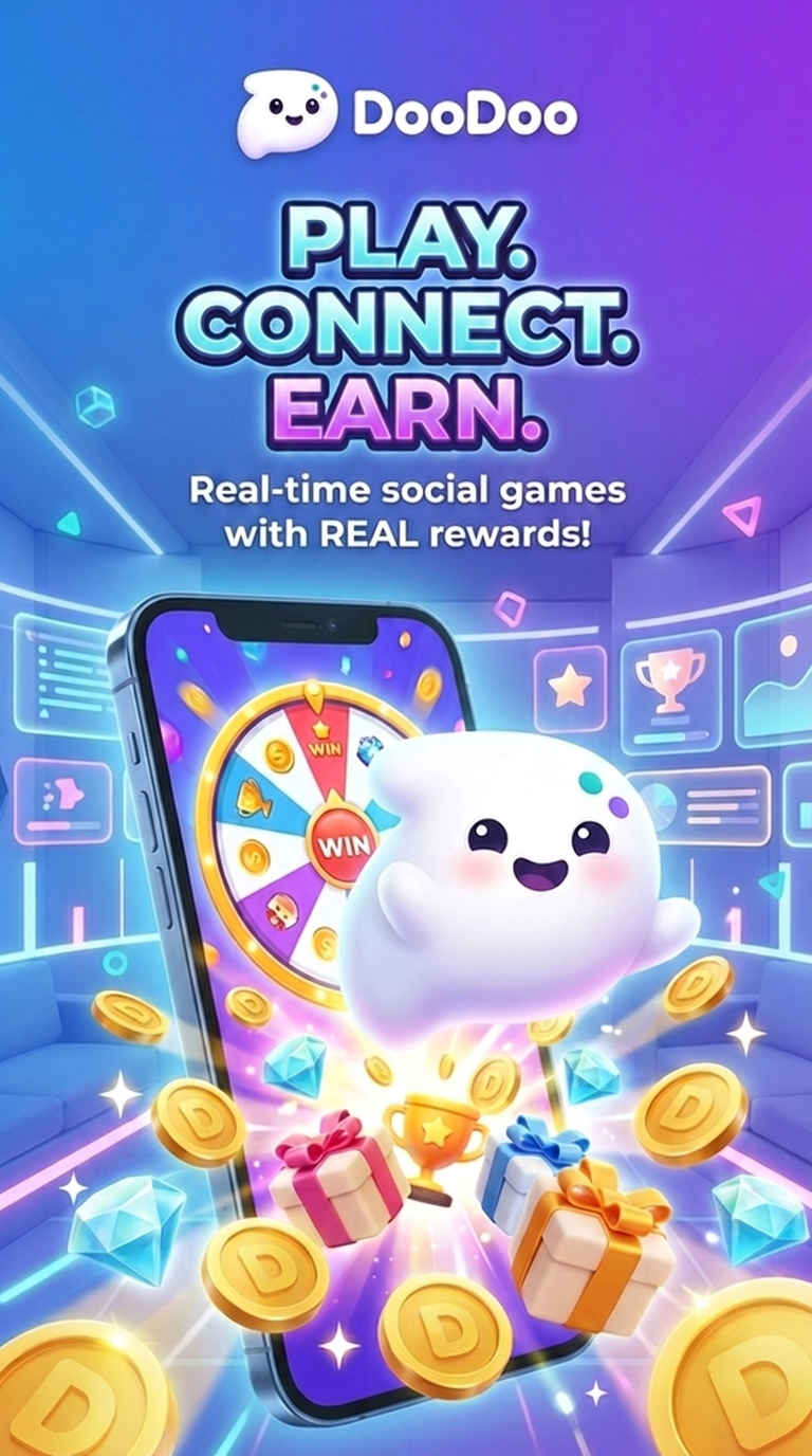 DooDoo promotional screen showing real-time social games with rewards.