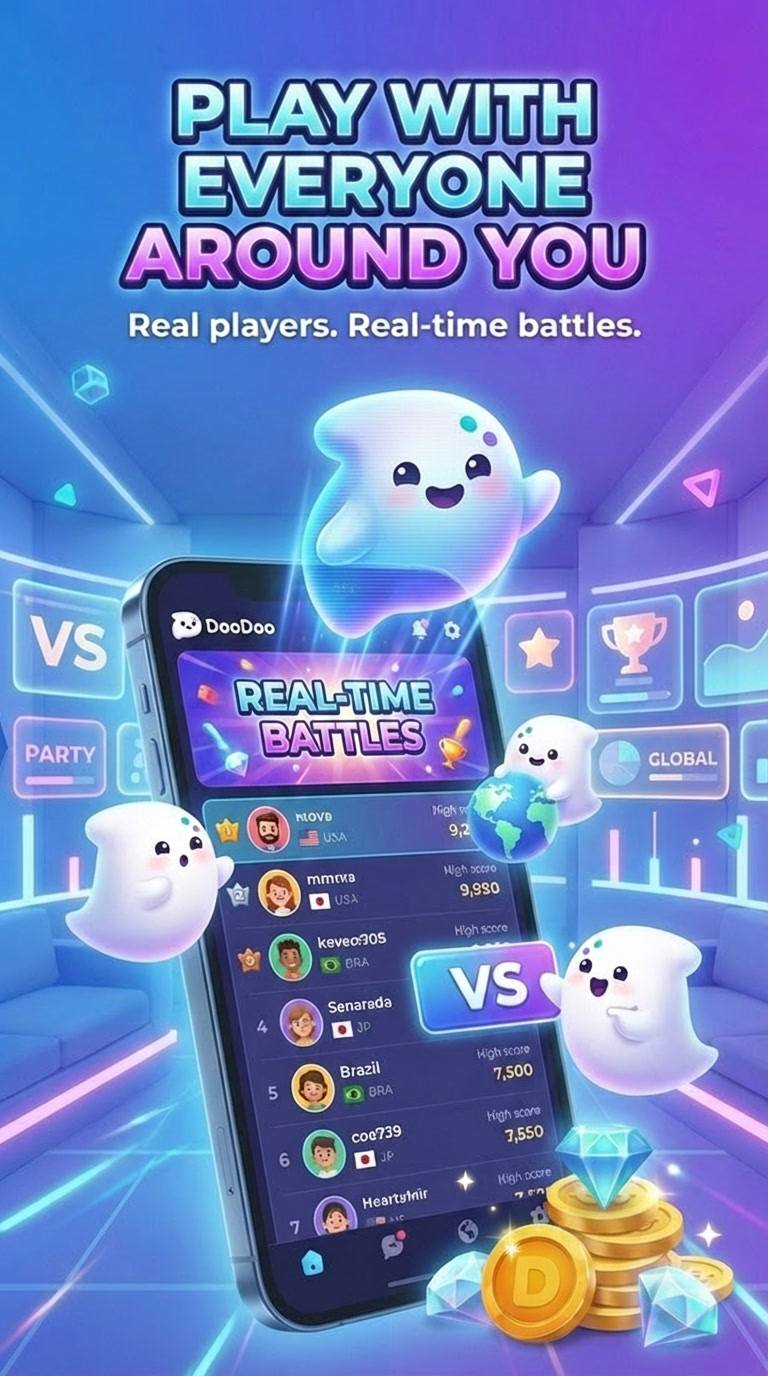 DooDoo promotional screen showing real-time battles with players around you.