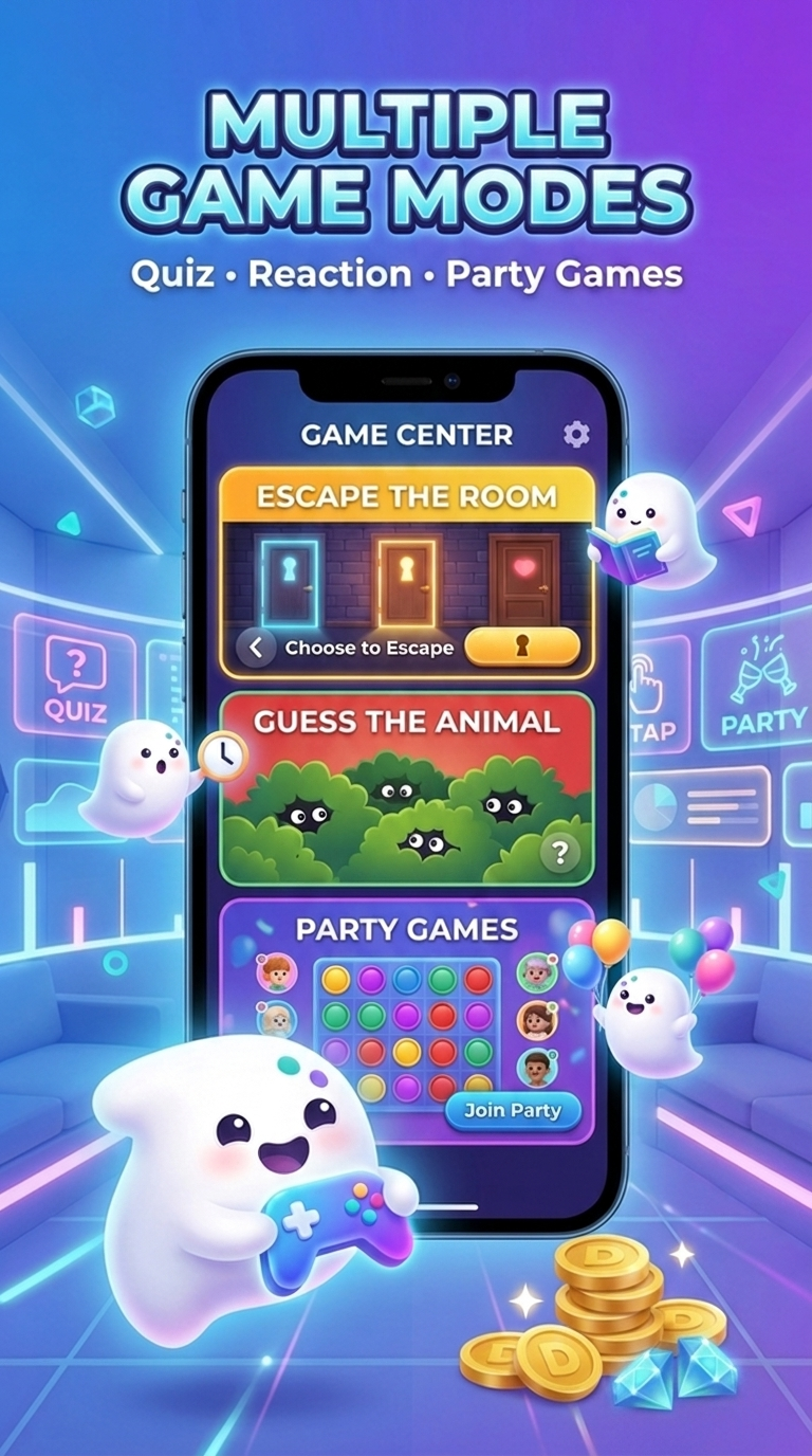 DooDoo promotional screen showing multiple game modes including quiz, reaction, and party games.