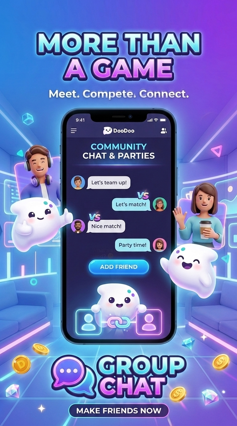 DooDoo promotional screen showing community chat and parties.