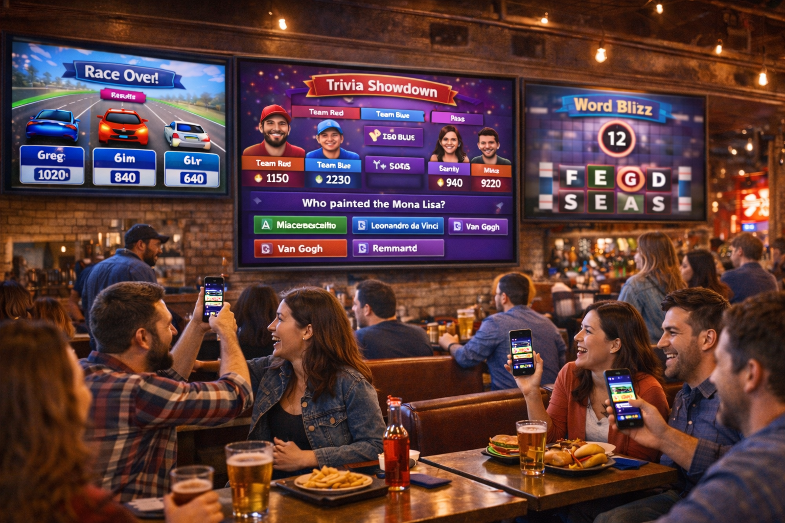 Friends joining a multiplayer game together across shared venue screens.