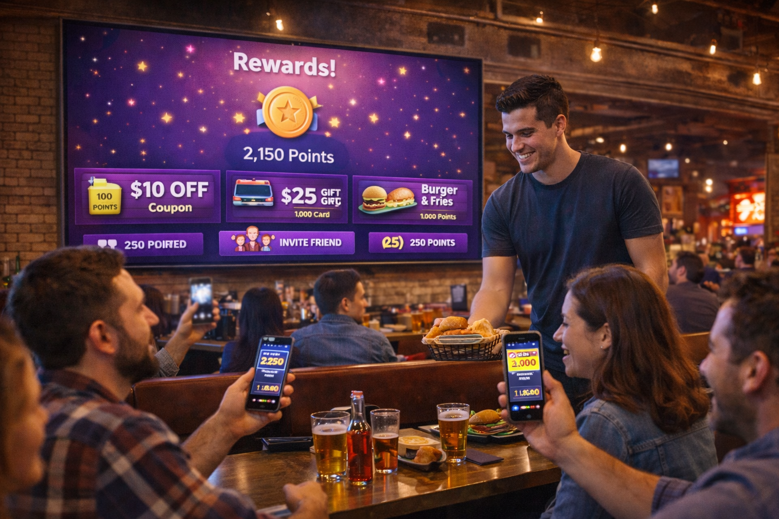 Players viewing rewards and points in a venue-based game experience.