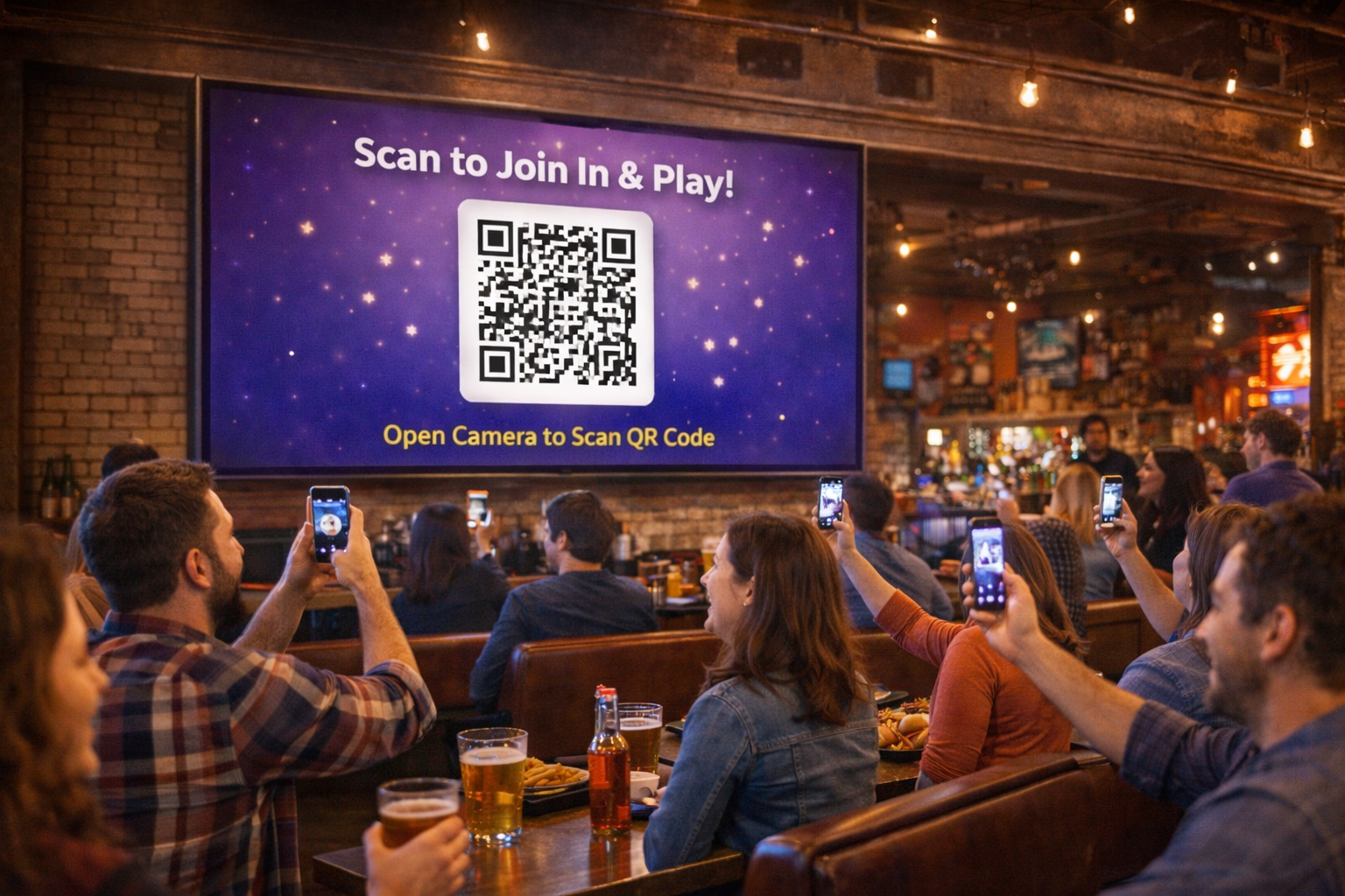 Players scanning a QR code on a venue screen to join instantly.