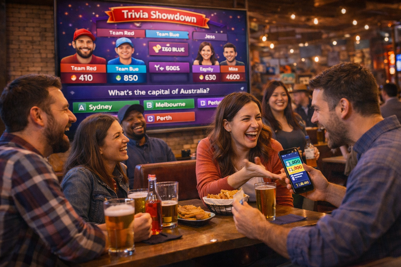 Friends laughing and playing together in a social venue setting.
