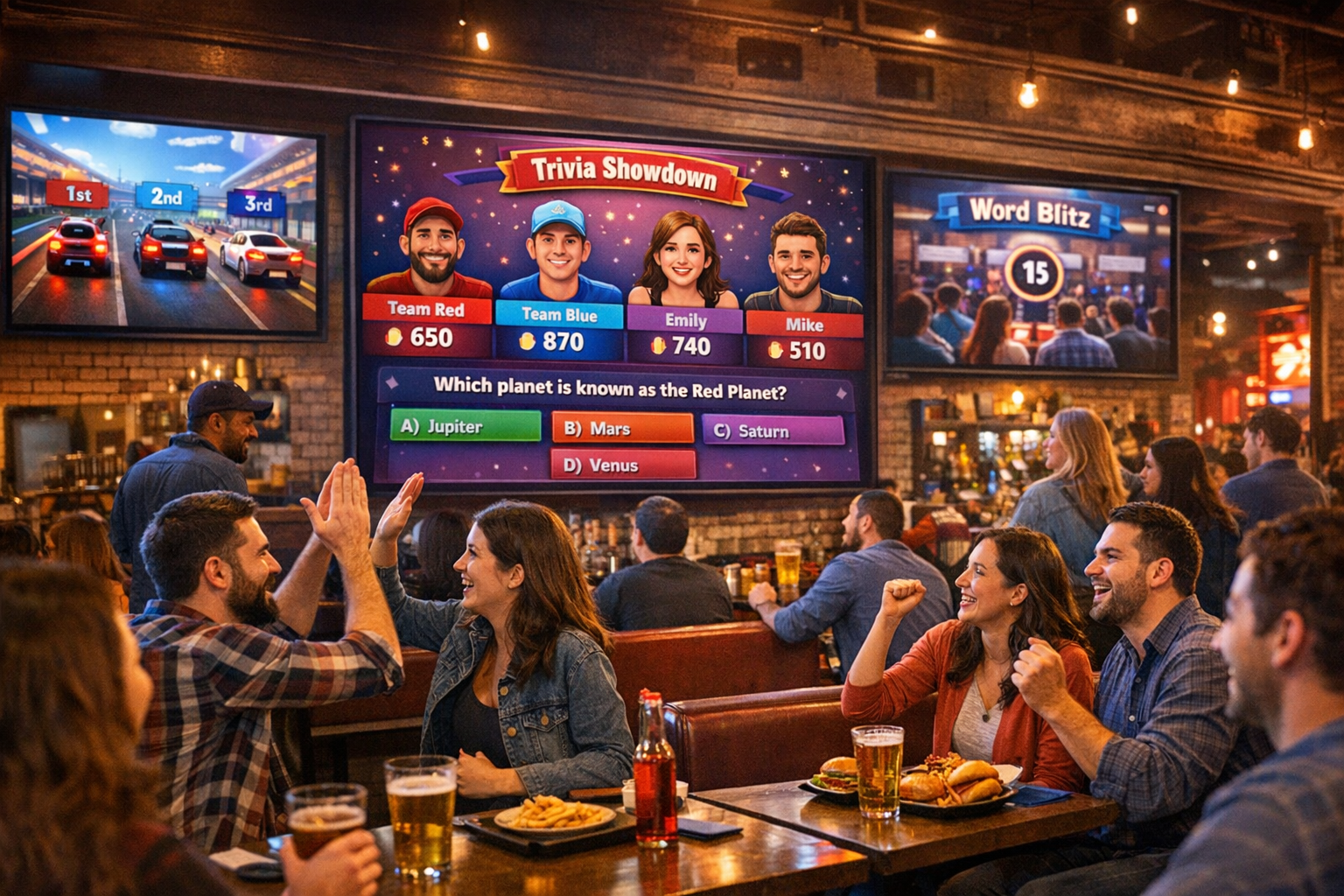 People playing venue-based games on shared screens in a real-world space.